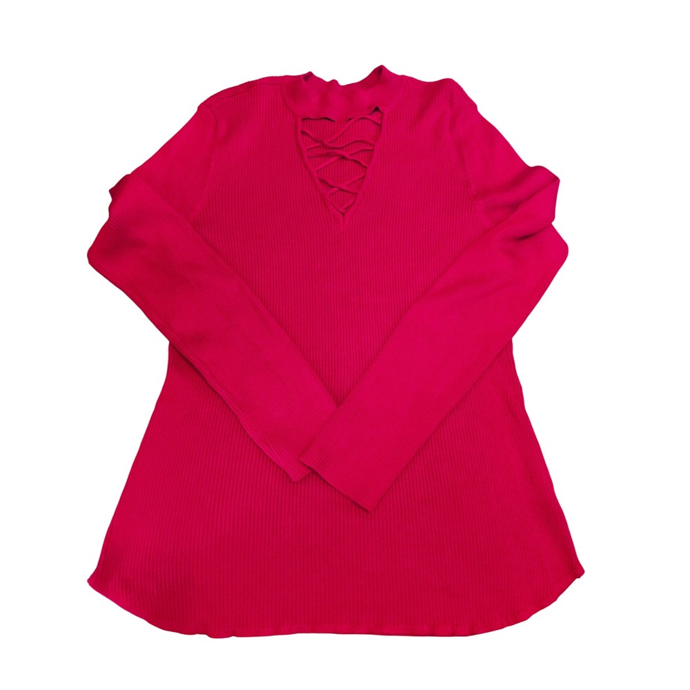 No Boundaries Womens Pink Ribbed Lace Up Mock Neck Long Sleeve Tunic Top